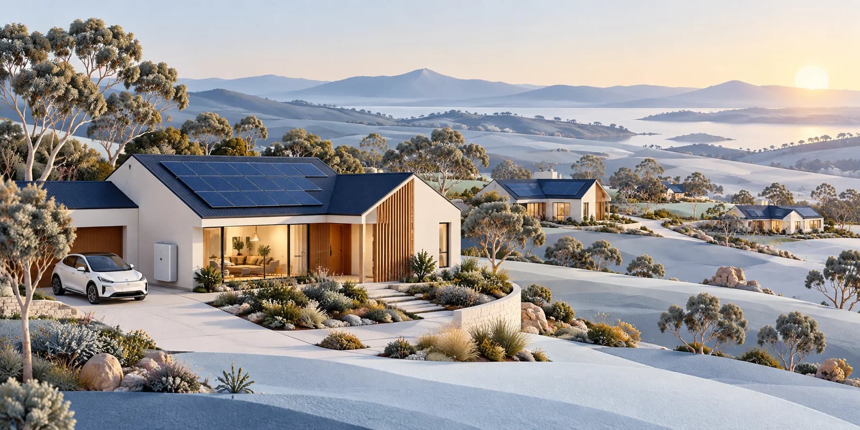 Editorial illustration of a solar-equipped home, battery and electric car, with more homes across a layered blue landscape at sunrise.