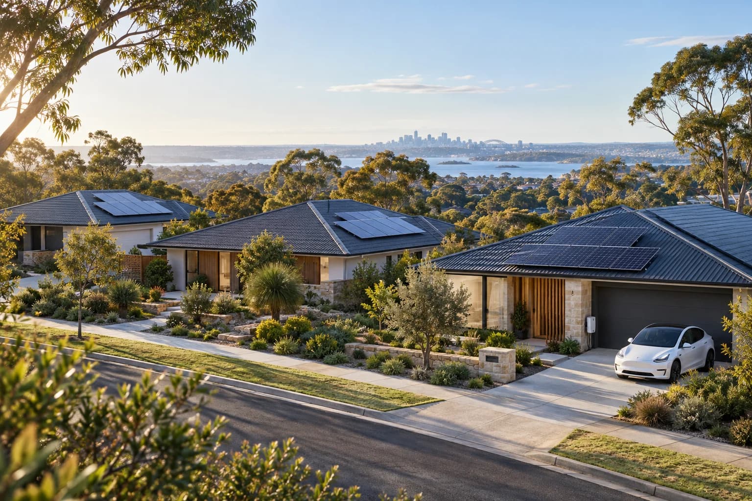 Illustration of Australian homes with rooftop solar, a home battery and an electric car.